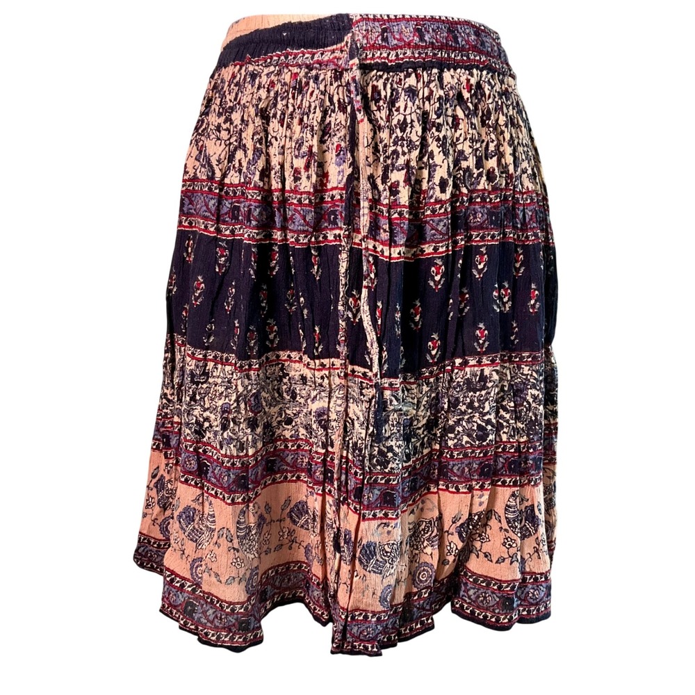 VTG Belma NY Boho Peacock Block Print Crinkle MIDI Skirt One Sz OSFM Rayon India